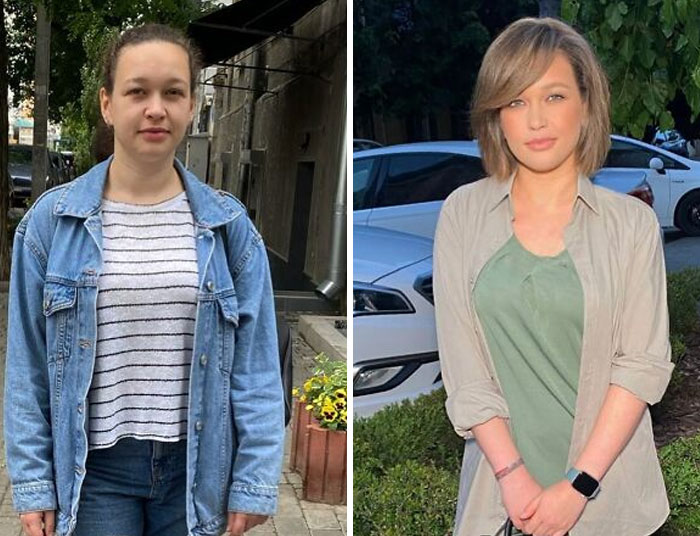 Before and after makeup transformation of a woman at a studio, showcasing Hollywood stars inspired looks.