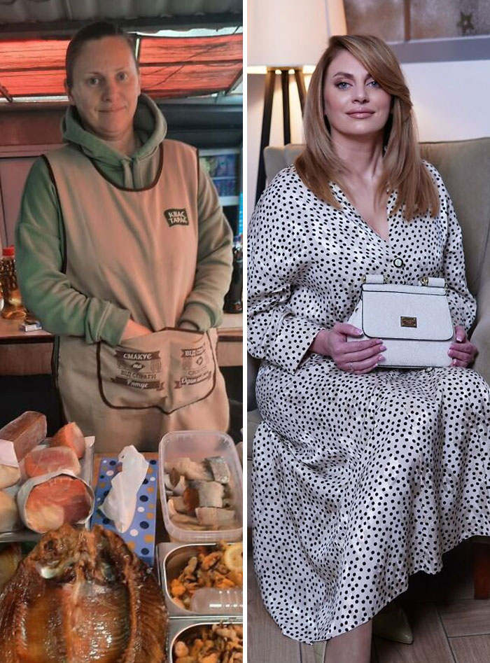 Before and after makeup transformation of a woman looking like Hollywood stars at a makeup studio.