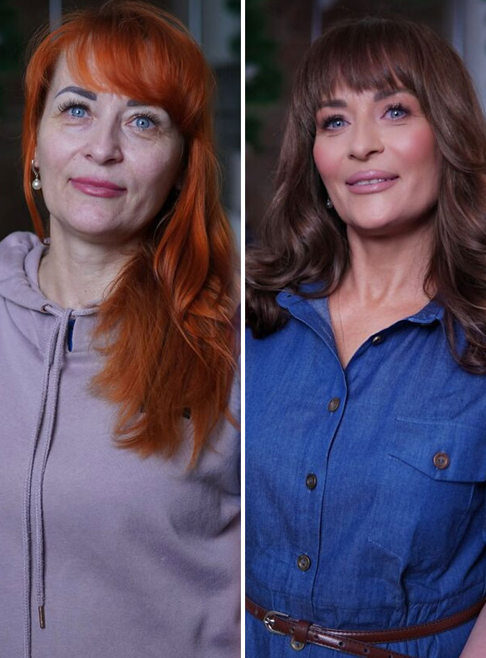 Before and after makeup transformation of women at a makeup studio looking like Hollywood stars with styled hair and polished looks.