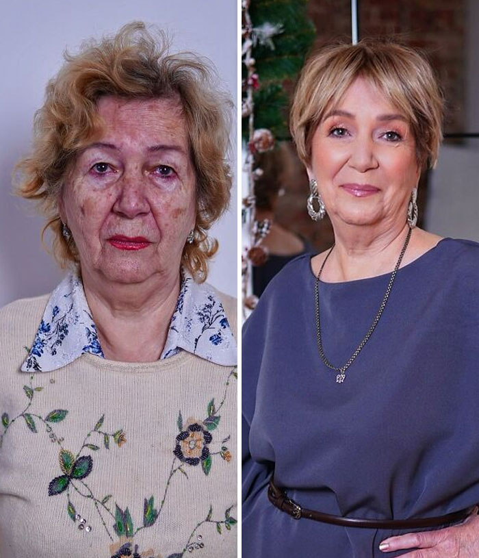 Before and after makeover of a woman transformed by makeup studio to look like a Hollywood star.