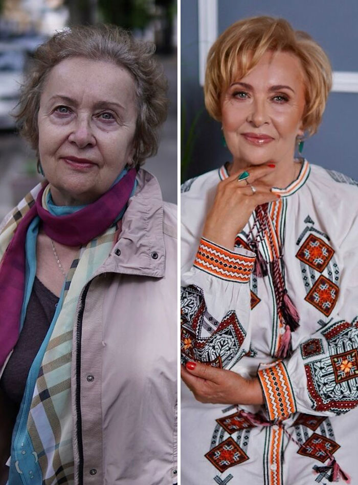 Before and after images of an older woman transformed at a makeup studio to look like Hollywood stars.