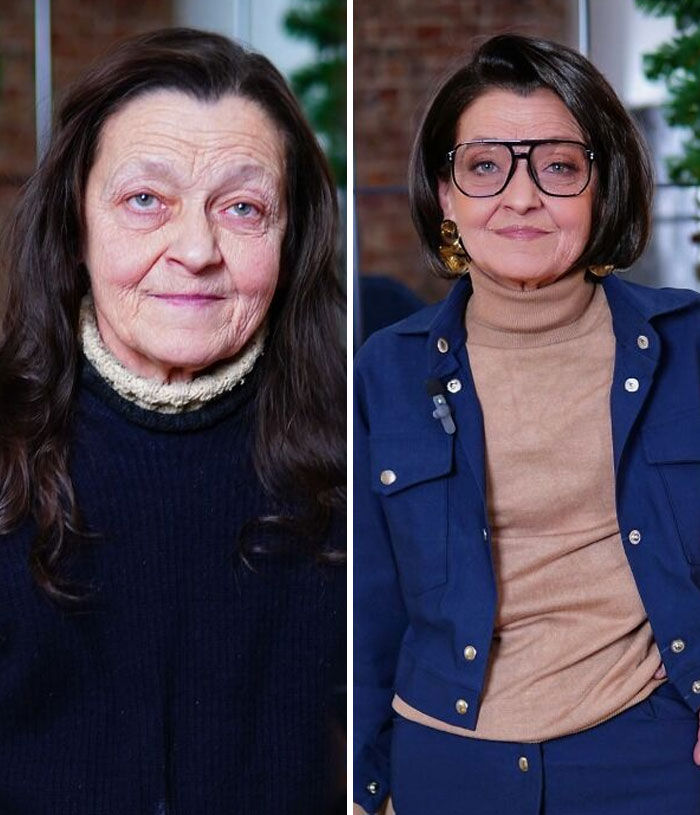 Before and after makeover of a woman transformed at a makeup studio, showcasing Hollywood stars inspired style and elegance.