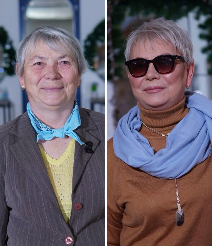 Before and after photos of a woman transformed by makeup, highlighting Hollywood stars inspired looks from the studio.