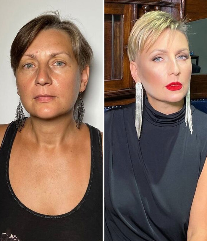 Woman before and after makeup transformation at studio, styled to look like a Hollywood star with bold red lips and elegant earrings.