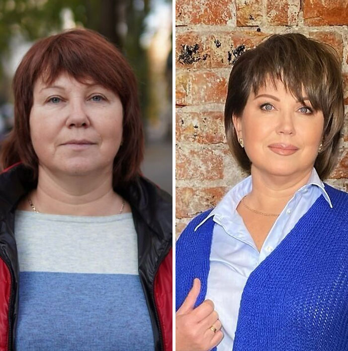 Before and after makeup transformation of a woman at a makeup studio, looking like Hollywood stars with glam styling.