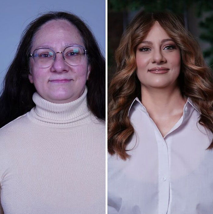 Before and after photos showing a woman’s transformation after makeup, glowing like Hollywood stars.