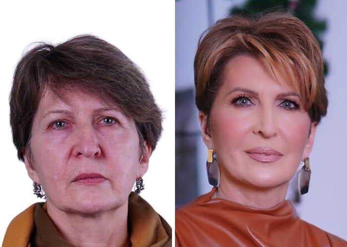 Before and after makeup transformation of a woman at a studio, showcasing Hollywood star inspired looks and styles.