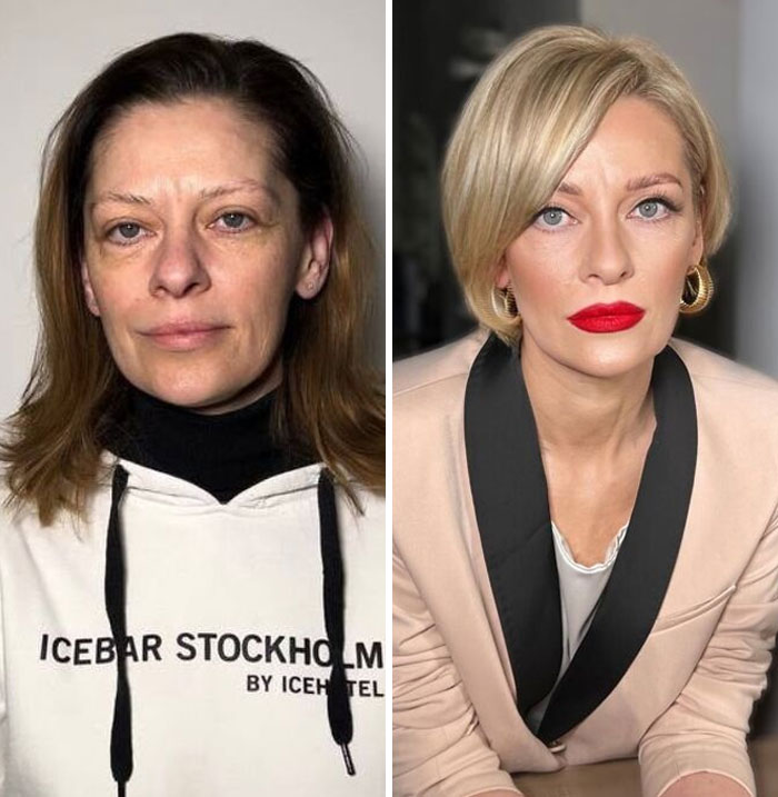 Before and after makeup transformation of a woman at a makeup studio resembling Hollywood stars.