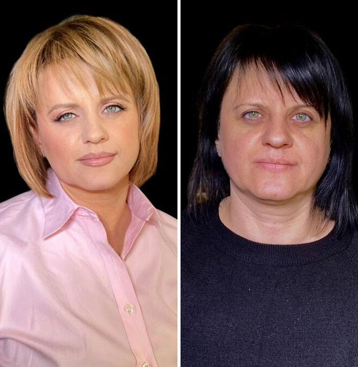 Before and after makeup transformation of a woman at a makeup studio, resembling Hollywood stars.
