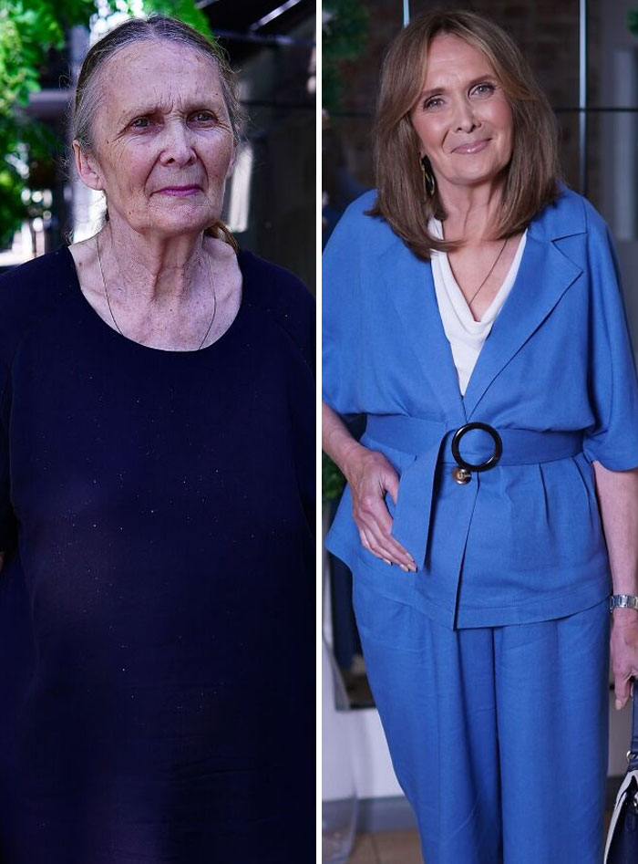 Before and after makeup transformation of a woman at a studio making her look like Hollywood stars.