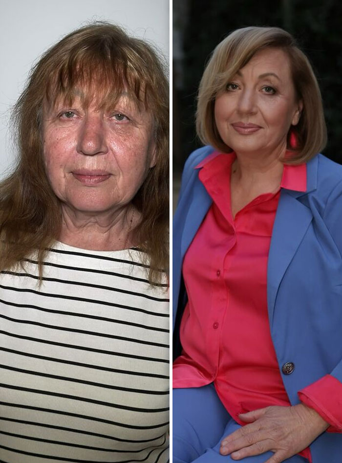 Before and after makeup transformation of a woman at a studio, looking like Hollywood stars with glamorous styling.