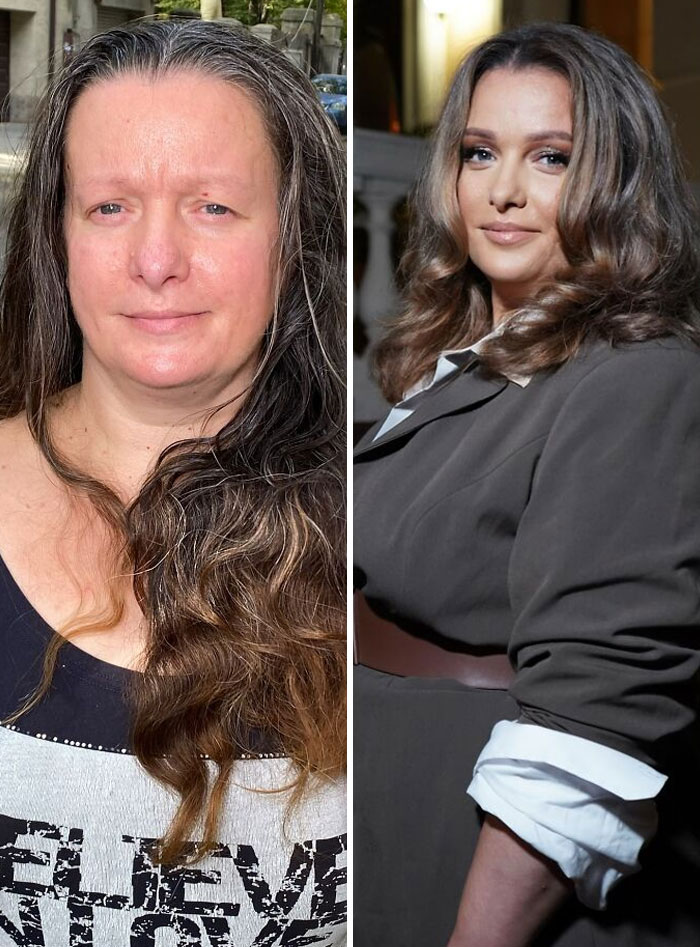 Before and after transformation of a woman at a makeup studio, resembling Hollywood stars with glamorous styling and makeup.