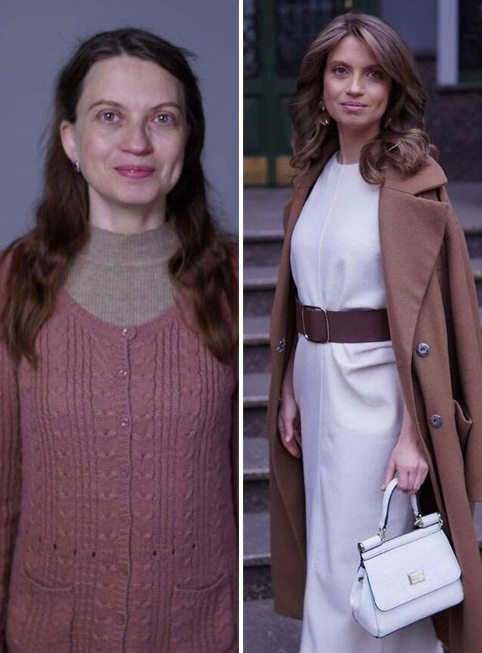 Before and after makeover of a woman at a makeup studio, transformed to look like a Hollywood star.