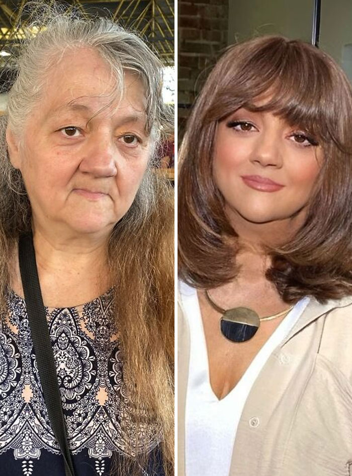 Before and after makeup transformation of a woman looking like a Hollywood star at a makeup studio.