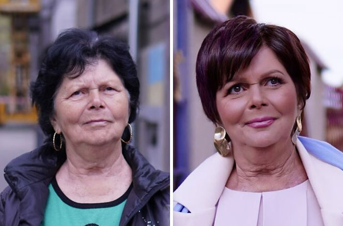 Before and after makeover of a woman transformed at a makeup studio to look like a Hollywood star.