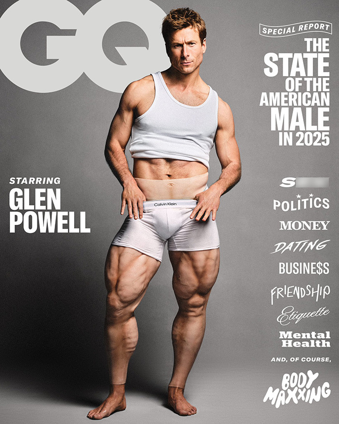 Glen Powell posing in a white tank top and underwear showcasing muscular legs in a GQ magazine shoot. Glen Powell posing in a white tank top and underwear showcasing muscular legs in a GQ magazine shoot.