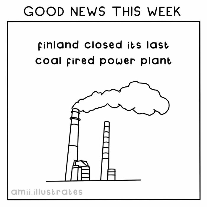 Good news illustration showing Finland closing its last coal-fired power plant, highlighting positive environmental progress this year.