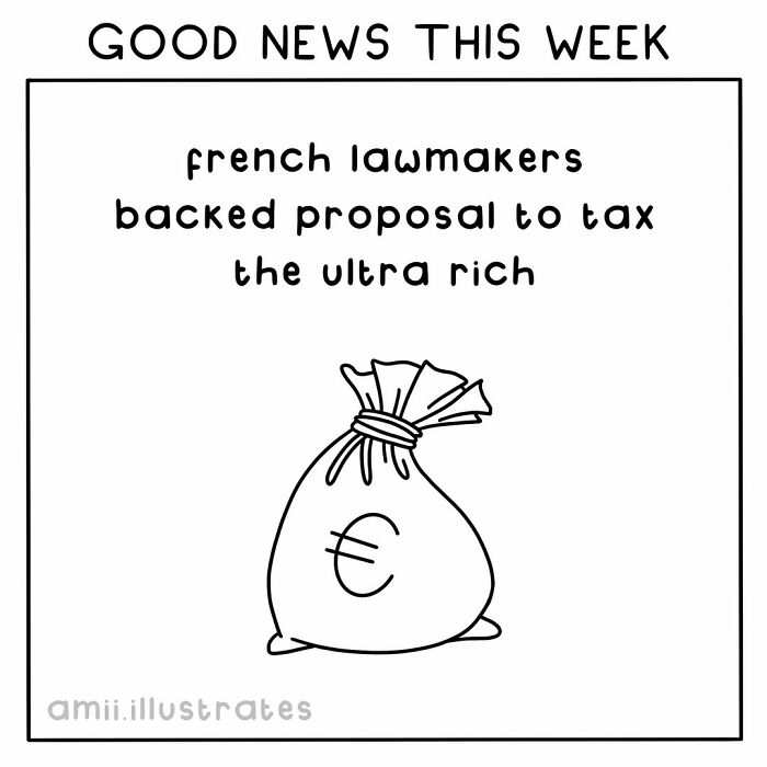 Good news illustration showing French lawmakers backing a proposal to tax the ultra-rich, positive things this year.