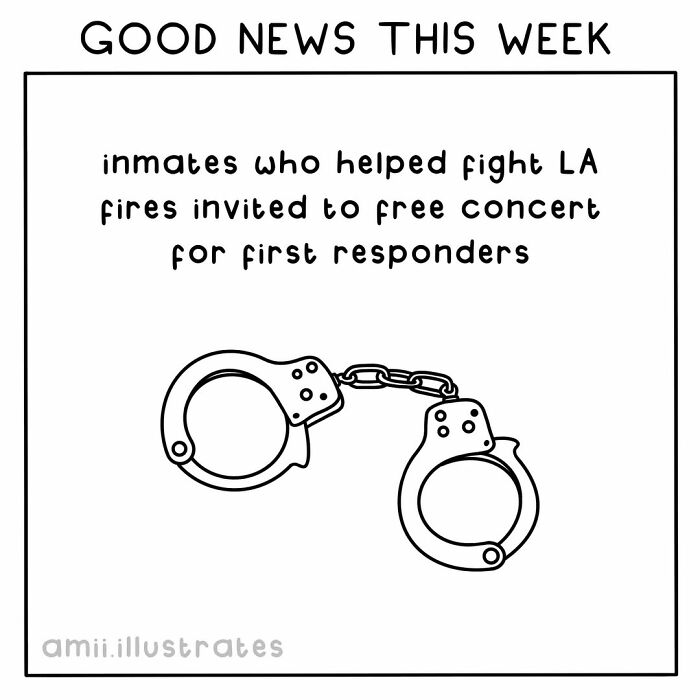 Handcuffs illustration with text about inmates who helped fight LA fires invited to a free concert for first responders, highlighting positive news.
