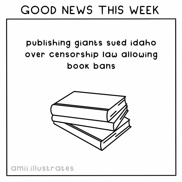 Stack of books illustration with text about publishing giants suing Idaho over censorship law and book bans good news.
