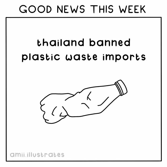 Good news illustration showing Thailand banning plastic waste imports, highlighting positive things in the world this year.