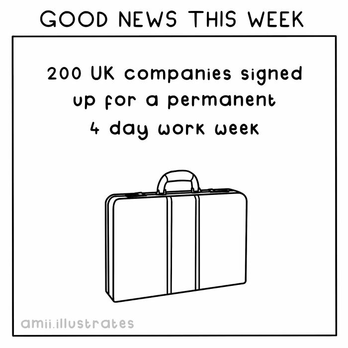 Illustration of a briefcase with text about 200 UK companies adopting a permanent 4 day work week positive news.