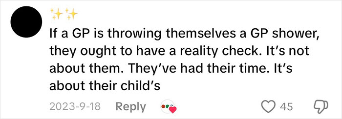 Social media comment debating grandmas having a baby shower to celebrate their new status as grandparents.