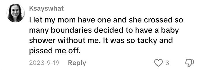 Comment expressing strong opinions on grandmas having a baby shower, highlighting boundary crossing and negative feelings.
