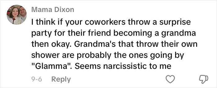 Comment discussing opinions on grandmas having a baby shower to celebrate their new status online.