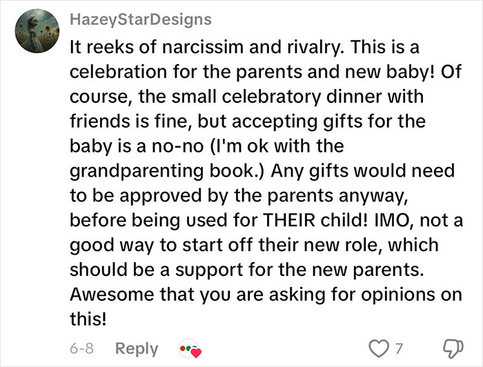 Comment discussing strong opinions on grandmas having a baby shower and the appropriateness of gift acceptance.