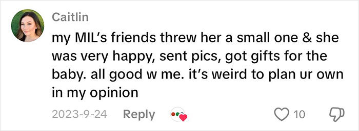 Comment from Caitlin sharing views on grandmas having a baby shower and the opinions around celebrating their new status.