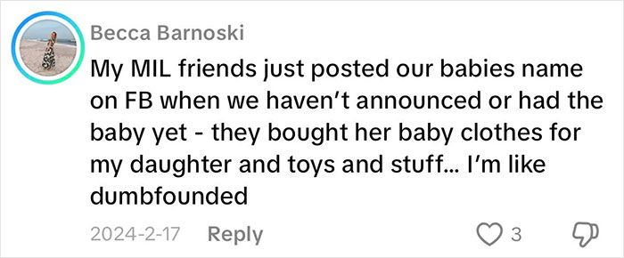 Comment discussing opinions on grandmas having a baby shower and sharing baby details before announcement.