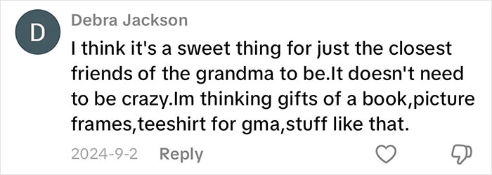 Comment discussing opinions on grandmas having a baby shower, suggesting gifts like books, picture frames, and t-shirts.