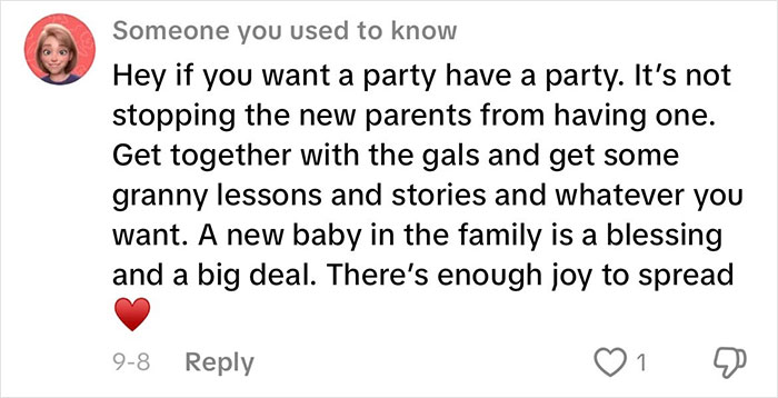 Comment supporting grandmas having a baby shower to celebrate their new status, emphasizing family joy and bonding.