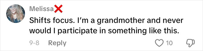 Comment from a user named Melissa expressing strong opinion against grandmas having a baby shower to celebrate new status.