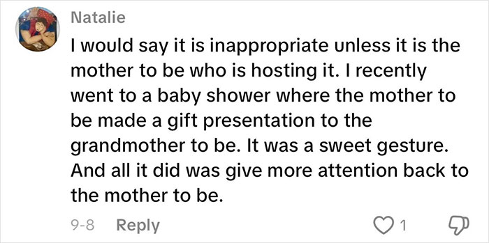 Comment expressing opinions on grandmas having a baby shower to celebrate their new status with mixed feelings.