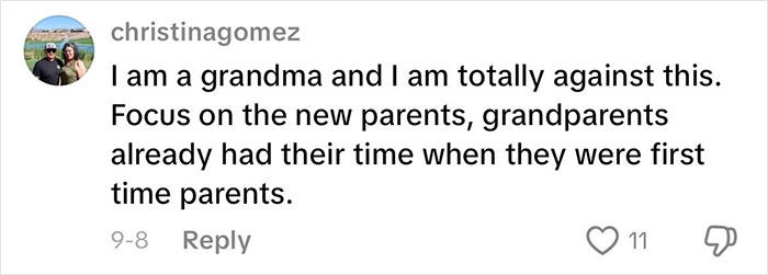 Comment from a grandma strongly opposing baby showers for grandmas, emphasizing focus on new parents instead.