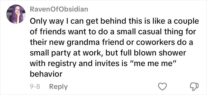 Social media comment discussing opinions on grandmas having a baby shower with registry and invites.