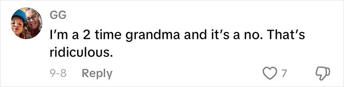 Comment from a user expressing disapproval of grandmas having a baby shower to celebrate their new status.