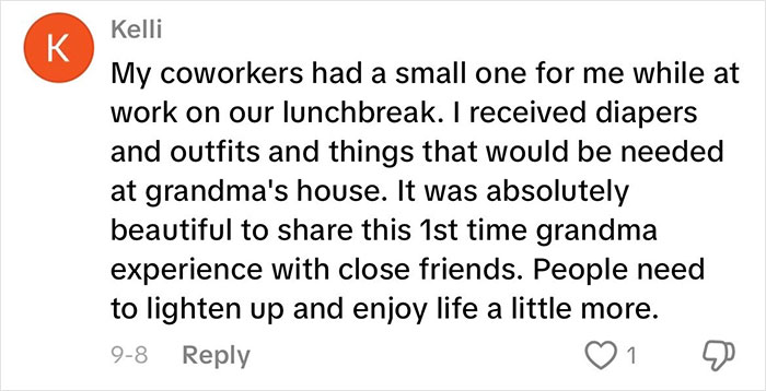 Comment sharing a positive experience of coworkers hosting a baby shower to celebrate becoming a grandma.