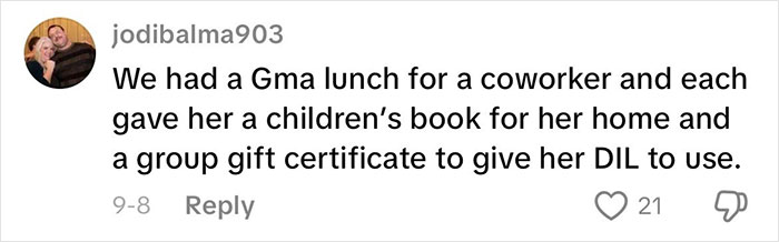 Comment discussing opinions on grandmas having a baby shower with gifts and celebrations for their new status.