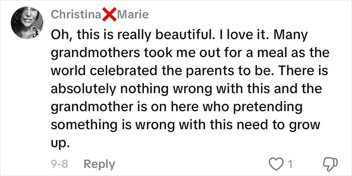 Comment expressing strong opinions on grandmas having a baby shower to celebrate their new status online.