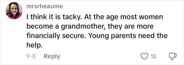 Comment expressing strong opinions about grandmas having a baby shower and the appropriateness of financial support.