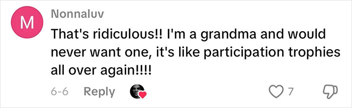 Comment expressing strong opinion on grandmas having a baby shower, comparing it to participation trophies.