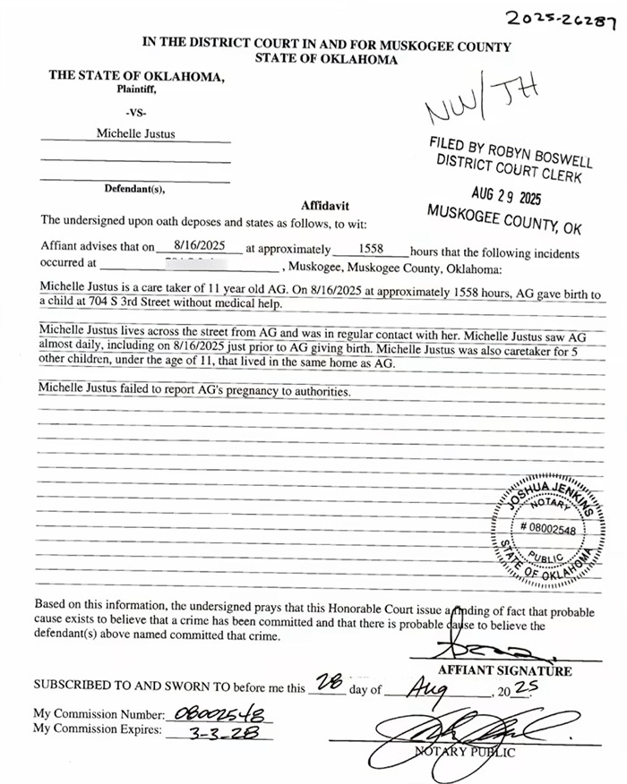 Affidavit document showing details of grandmother arrested after 11-year-old girl allegedly gave birth in Muskogee County.