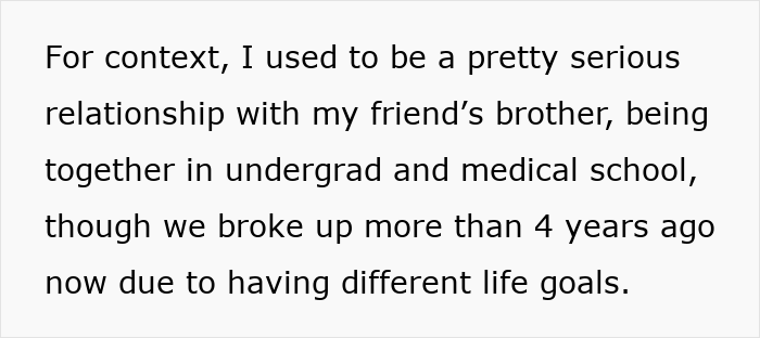 Text excerpt discussing a woman&rsquo;s past relationship with her friend&rsquo;s brother amid concerns about canceling a holiday booking due to harassment.