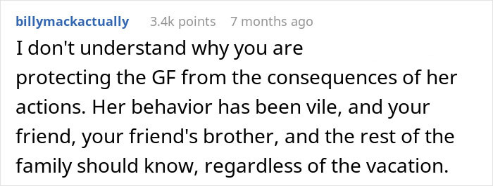 Screenshot of a Reddit comment discussing a woman considering canceling a friend&rsquo;s holiday booking after harassment.