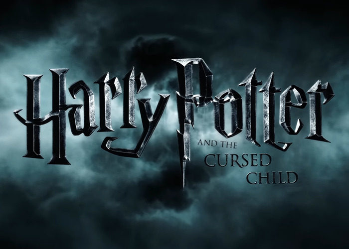 Harry Potter and the Cursed Child logo with dark cloudy background, highlighting fan excitement for a movie with original cast.