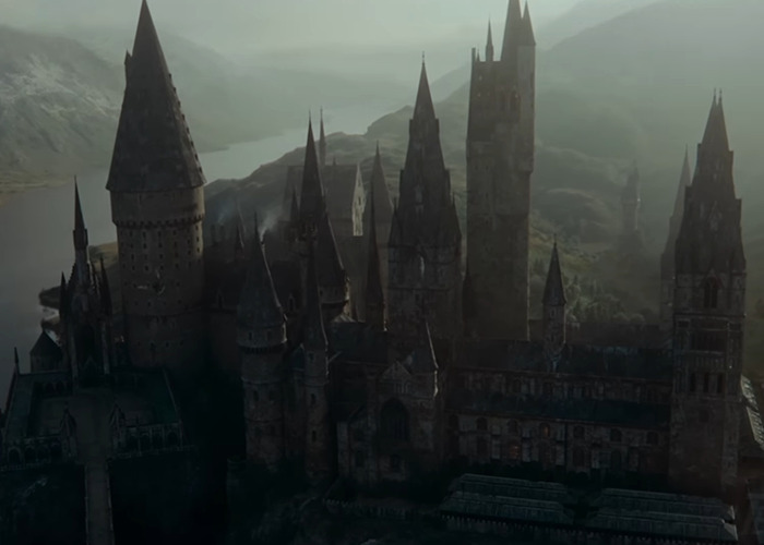 Dark, misty view of Hogwarts castle at dusk, inspired by Harry Potter and the Cursed Child fan-made trailer scenes.