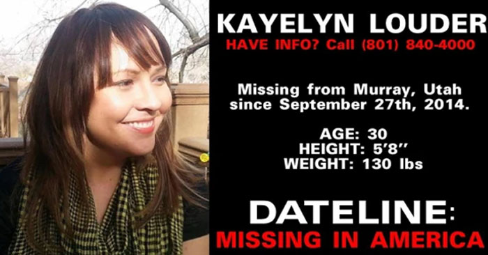 Photo of Kayelyn Louder smiling outdoors, alongside missing person details and a contact number for information.